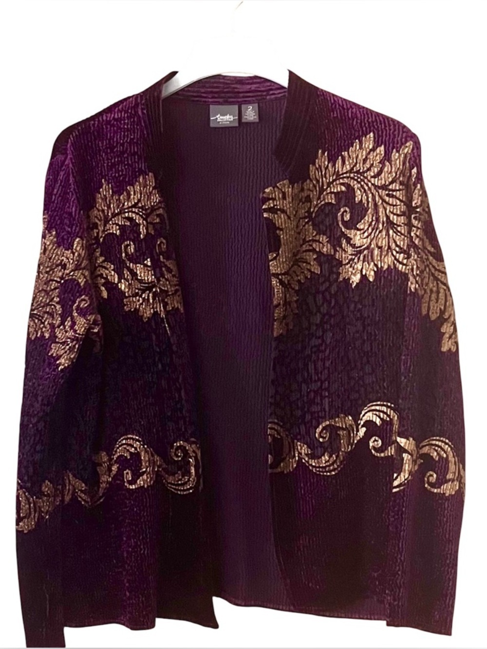 Chico’s Travelers Collection Sz 2 Velvet Jacket Purple Gold Open Front Cardigan